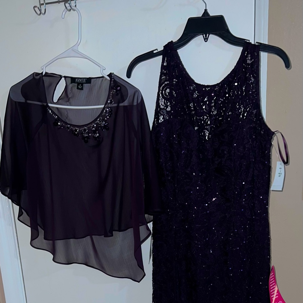 Ignite evening dress and Shaw purple plum from dillards